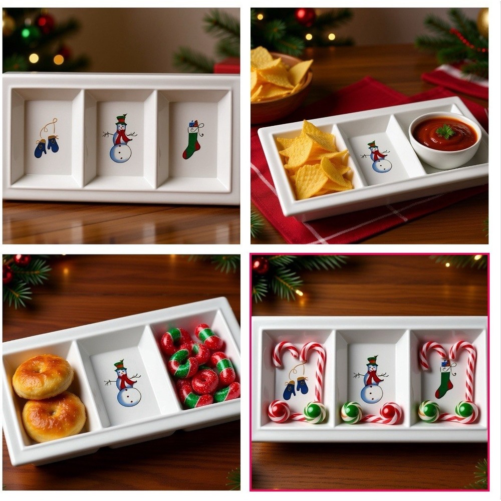 Holiday 3-Section Divided Serving Tray Platter White‎ Snowman Mittens Stocking